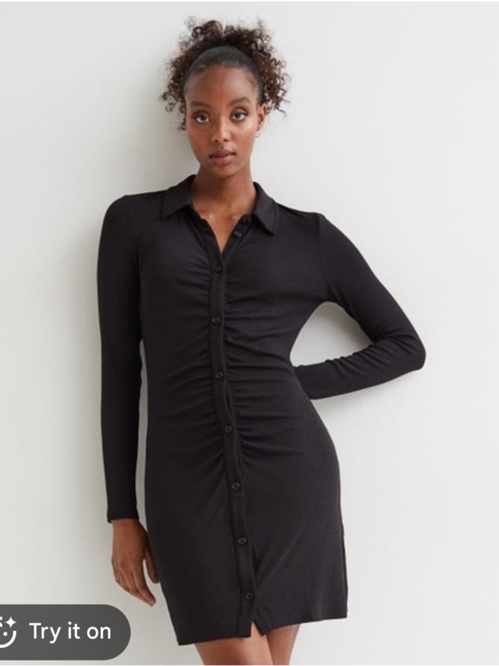 H&M Black Ribbed Button-Front Collared Long-Sleeve Dress - Picture 1 of 2